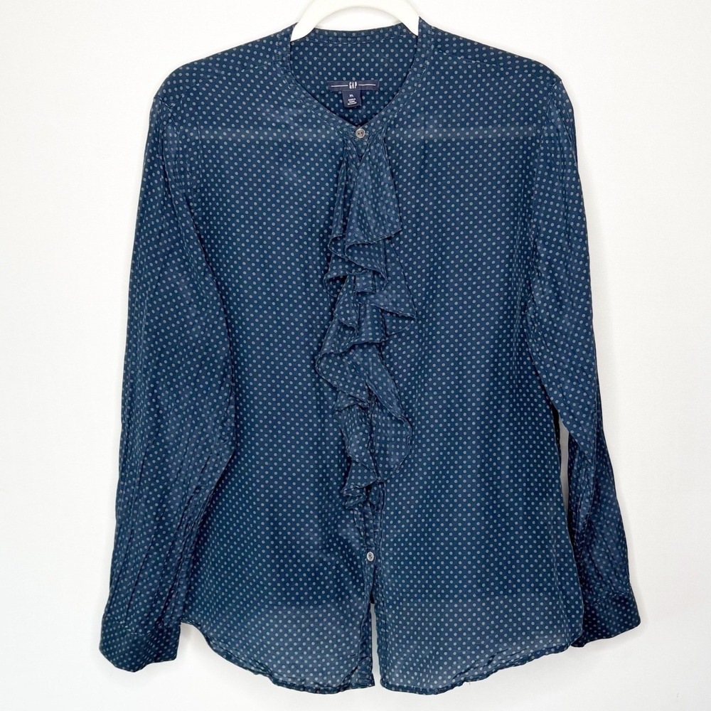 Gap Blue Polka Dot Cotton Silk Ruffle Front Button Up Blouse Size‎ XL Preppy